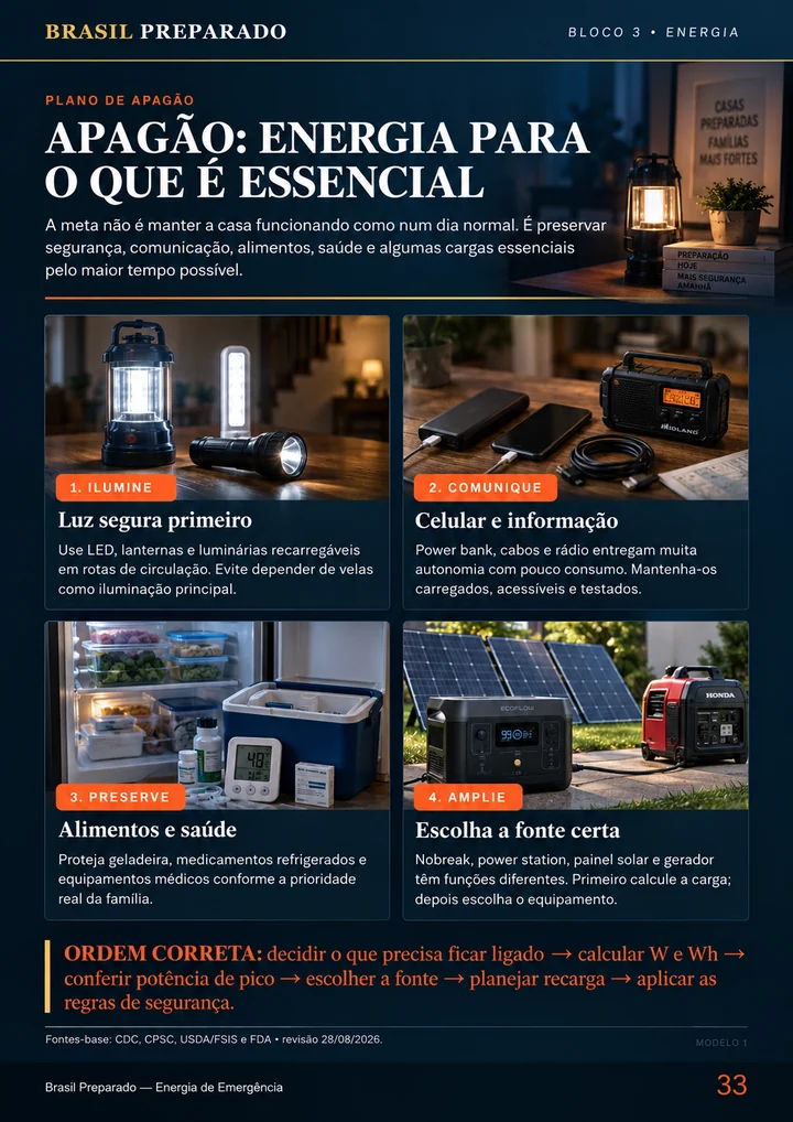Plano de apagão com iluminação, comunicação, alimentos, saúde e fontes alternativas