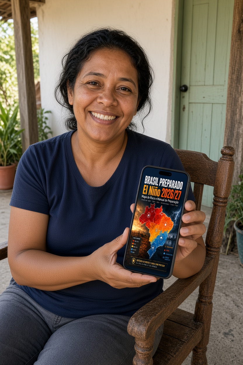 Dona Cheila segurando no celular a capa do Brasil Preparado